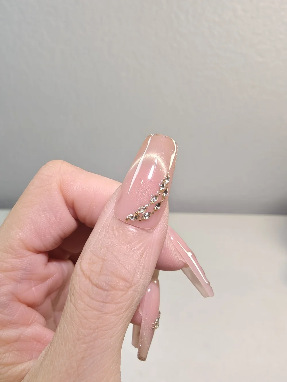 Nude Pink Gold Cat Eye With Floral Long Coffin Press On Nails With Rhinestone